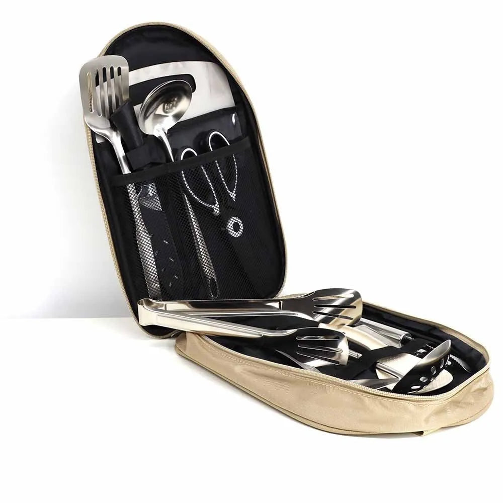 Portable picnic kitchenware storage bag containing 12-piece stainless steel cutlery set