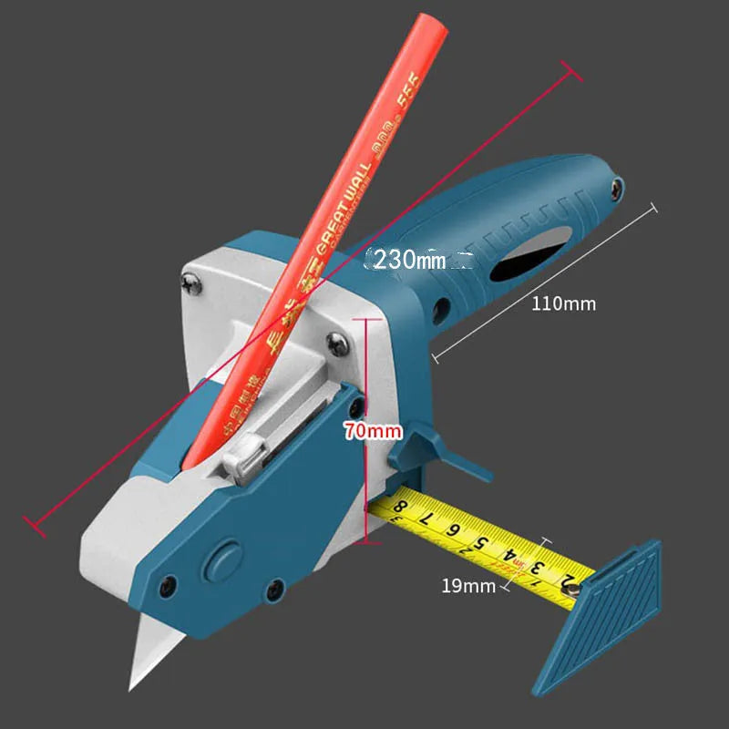 Blue aluminium alloy woodworking cutter with TPR plastic handle and a measuring scale.