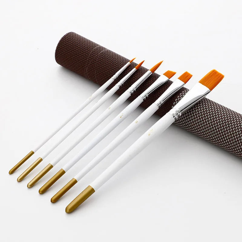 Set of six watercolour acrylic brushes with wood handles and aluminium ferrules in graduated sizes