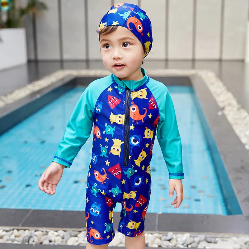 Children's one-piece swimsuit with striped shark pattern, polyester-oxygen blend, size 2-10 yards for ages 1-7