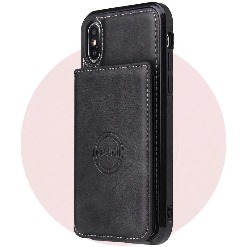 Imitation leather card wallet phone case for iPhone in solid colours showing card slots.
