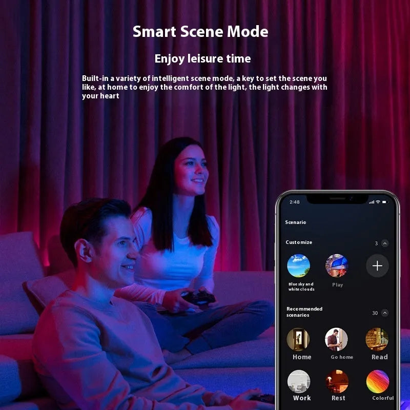 Smart RGBW colour changing ceiling lamp with remote control on a white background.