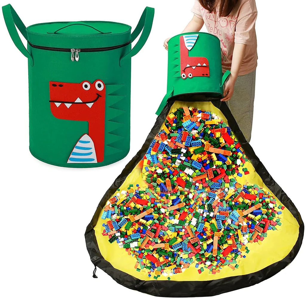 Green felt storage bag converted into a toy play mat with pull rope closure