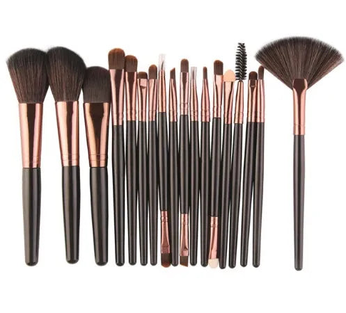 18-piece makeup brush set with fan-shaped tools in multiple styles for professional and home makeup application