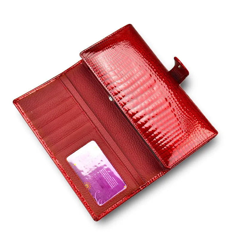 Women's patent leather coin purse with crocodile pattern in red, black, and wine red colours