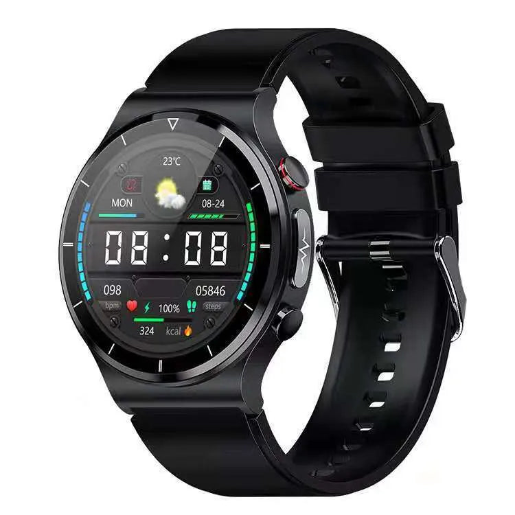 Smart watch with wireless charging and ECG monitoring, 1.32-inch screen, metal alloy case, black leather strap