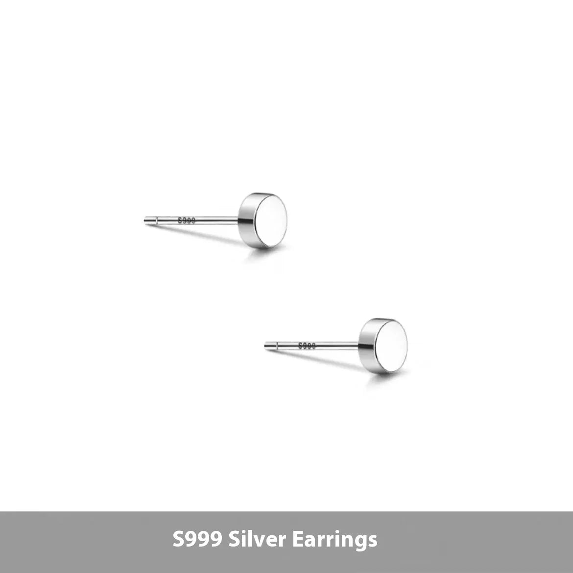 A pair of simple geometric round S999 Sterling Silver flat bone stud earrings in silver and black, showing size variation.