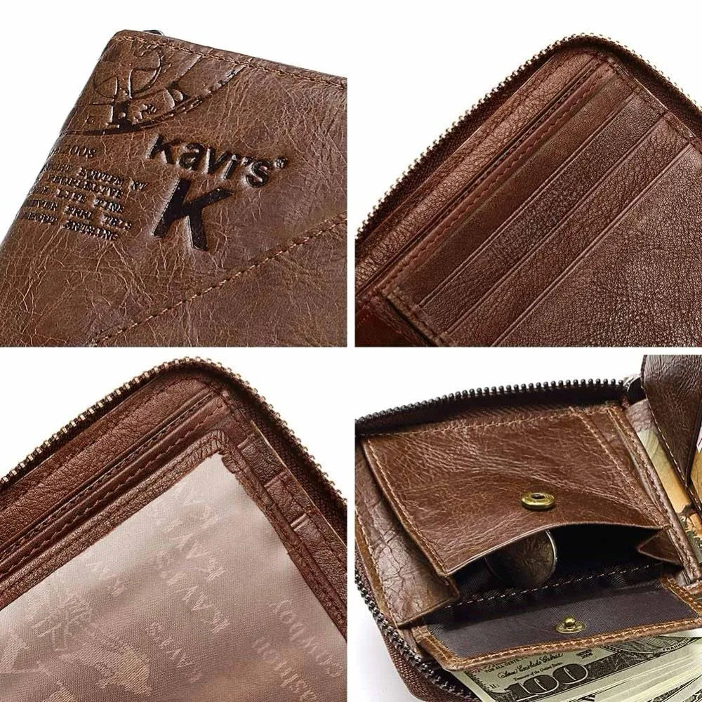 Men's soft genuine leather wallet in coffee colour with zipper closure showing multiple internal compartments
