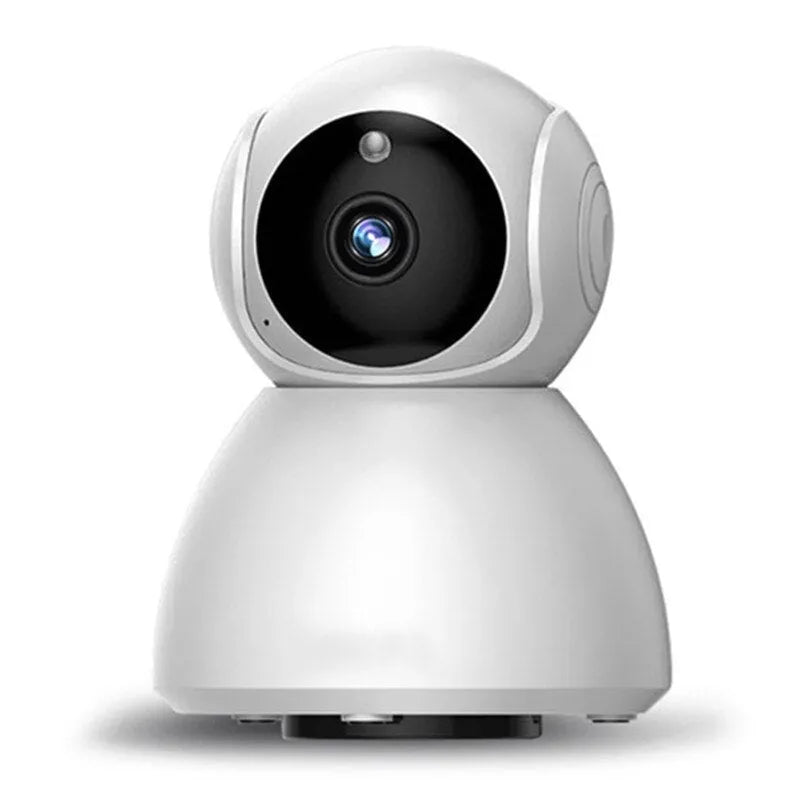 White wireless indoor security camera with 1080P HD resolution and hemispherical design on white background