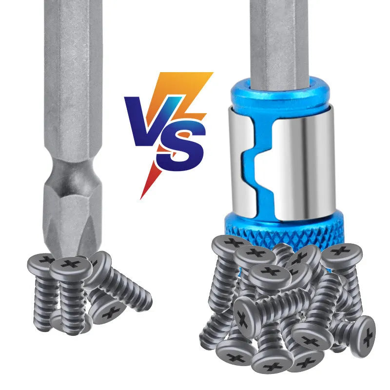Light blue magnetic screwdriver bit for slotted screws on a plain background.