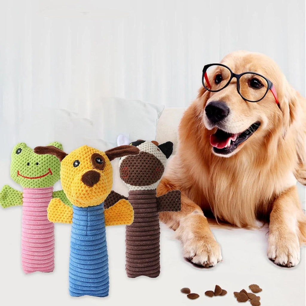 Soft plush squeaky dog chew toy in animal shape for dental care and play.
