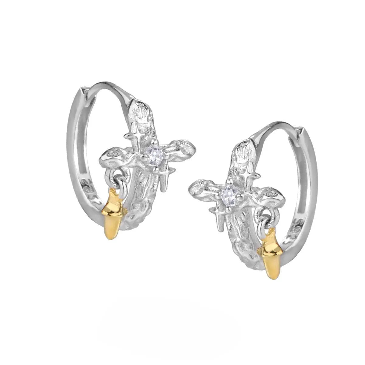 925 silver cross earrings with electroplated white gold finish and geometric round design