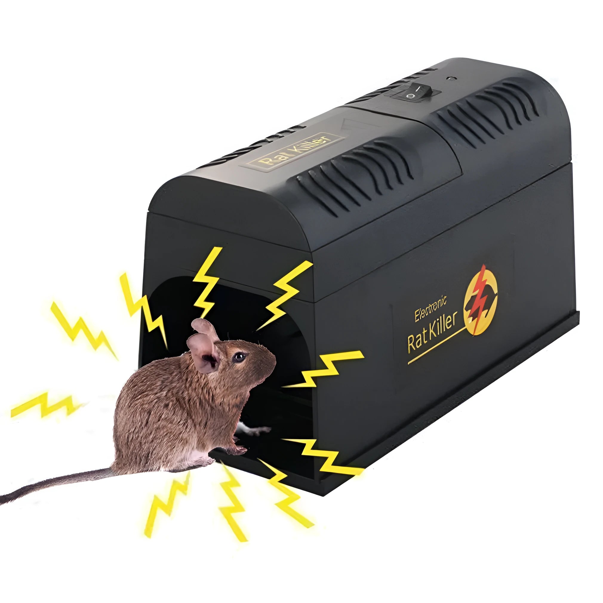 Black electronic rodent killer with high voltage trigger measuring 208mm x 115mm x 75mm
