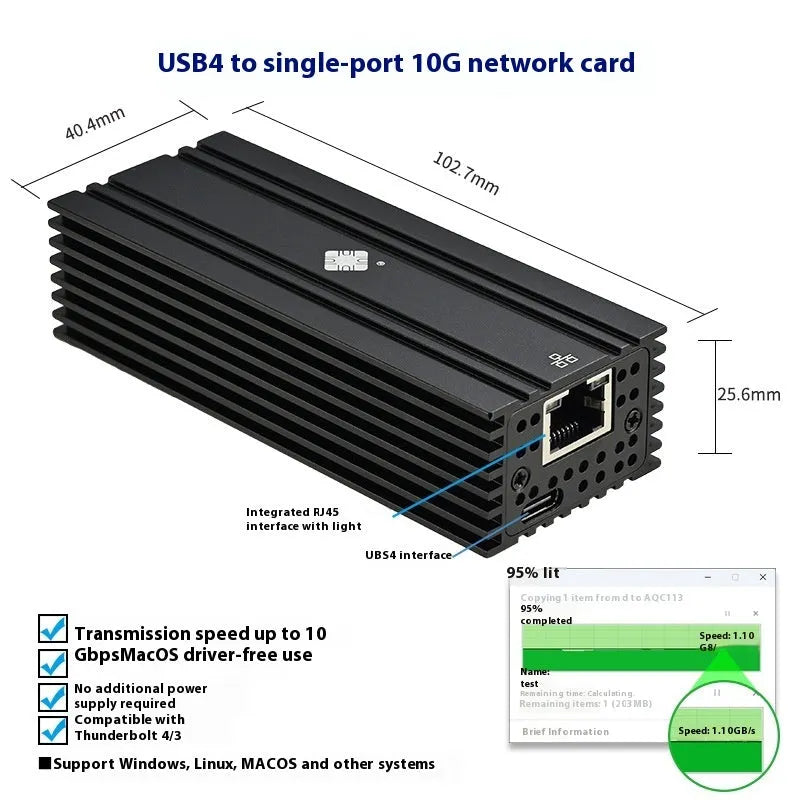 Black USB4 to RJ45 10 Gigabit network adapter with 20cm cable