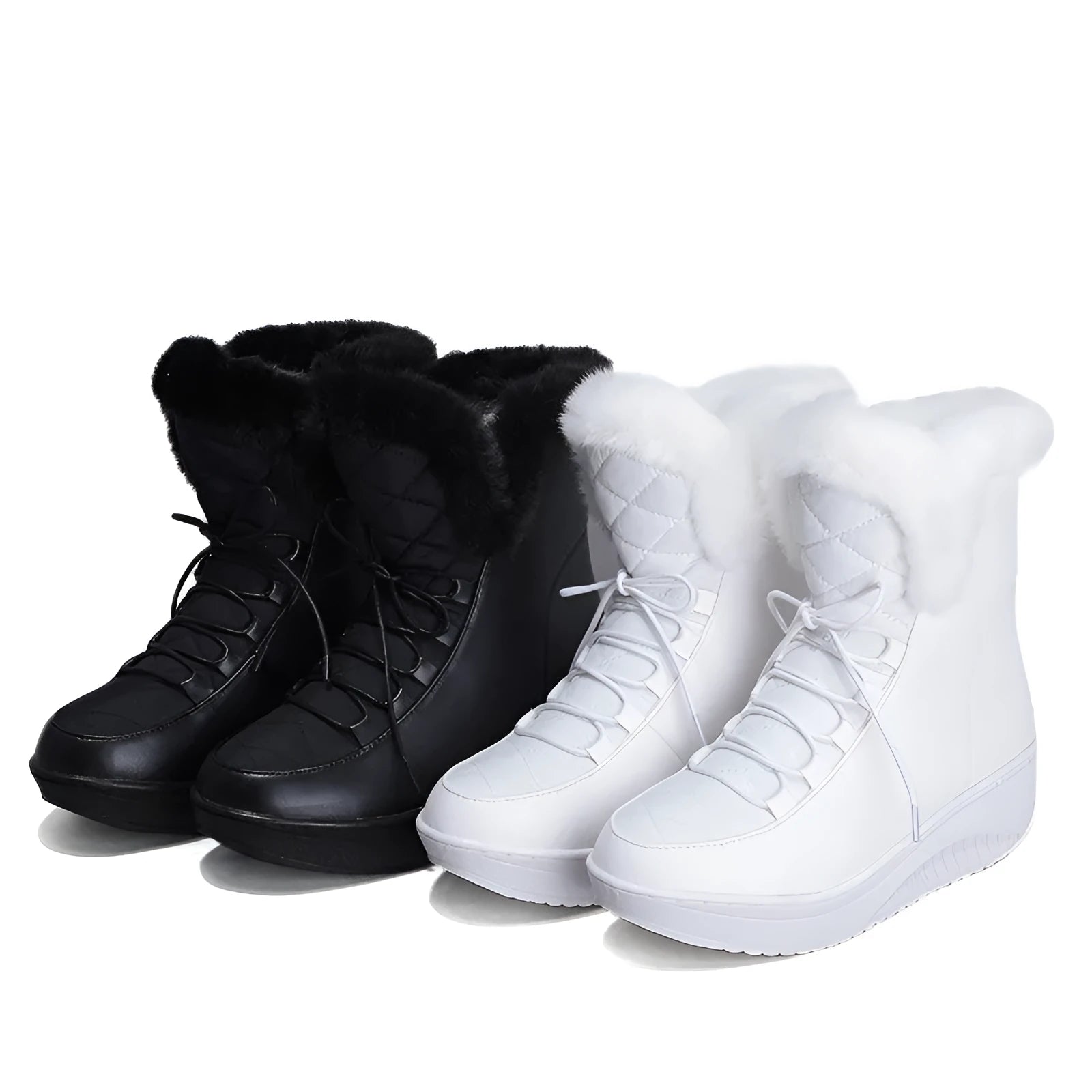 Black women's winter platform boots with lace-up front and plush lining on a white background.
