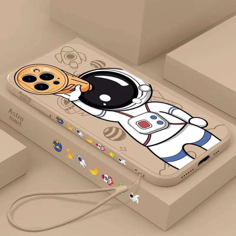 Silicone iPhone case with painted cartoon astronaut and starry sky planet design.