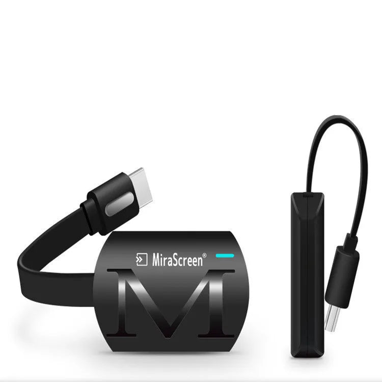 Black USB dongle for screen mirroring phones to HD TVs with HDMI, showing 52mm x 26mm dimensions.