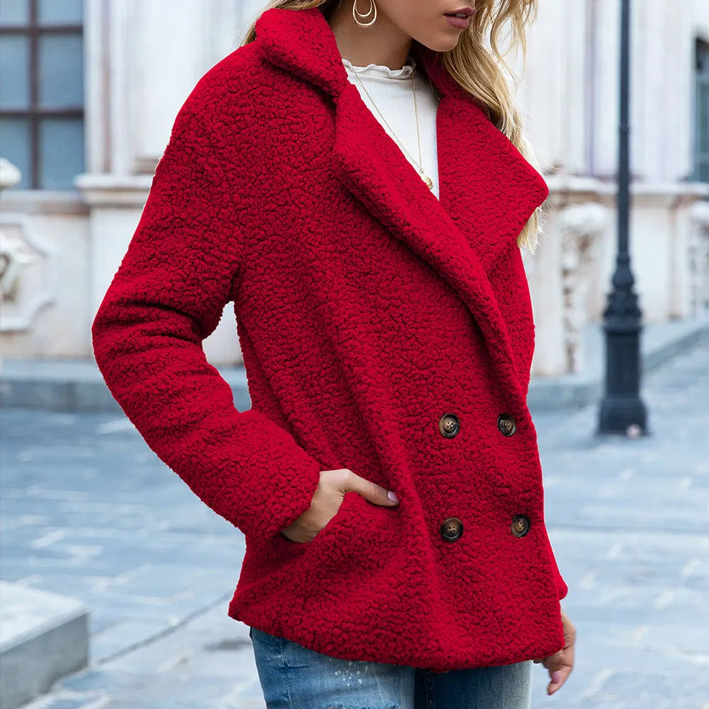 Women's loose lapel fluffy winter coat in camel colour with button front