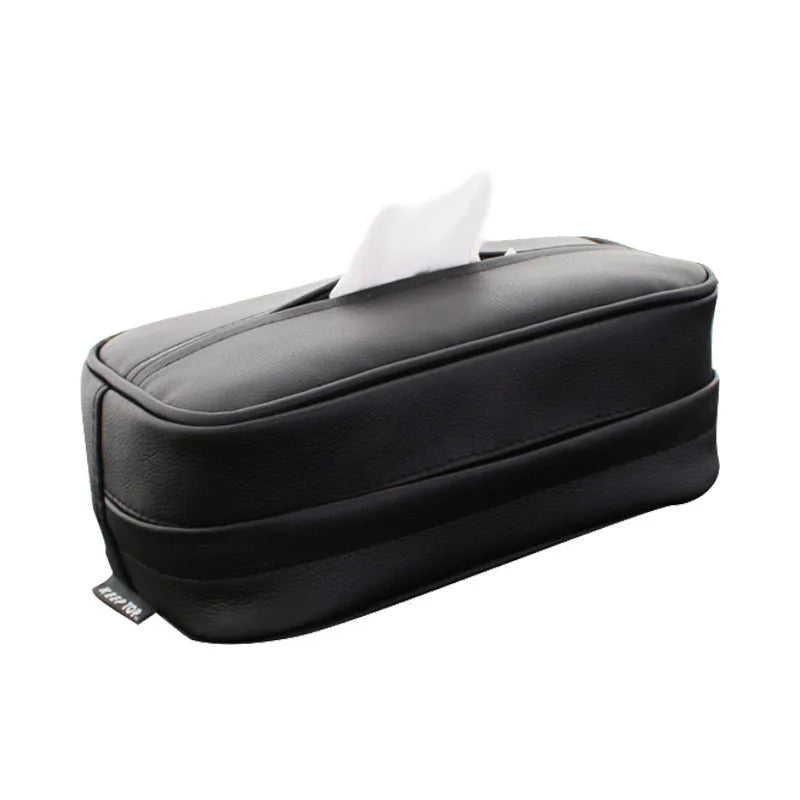 Black PU leather hanging storage box for paper bags, shown suspended, with dimensions 23x13x9cm.