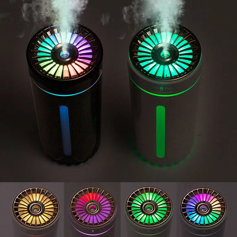 Wireless air humidifier with colorful lights, 69x69x125mm, black 9301A rechargeable model in car cup holder