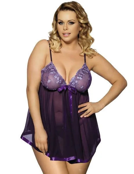 Women's purple seamless lace mesh sleepdress lingerie for plus sizes, shown on a hanger.