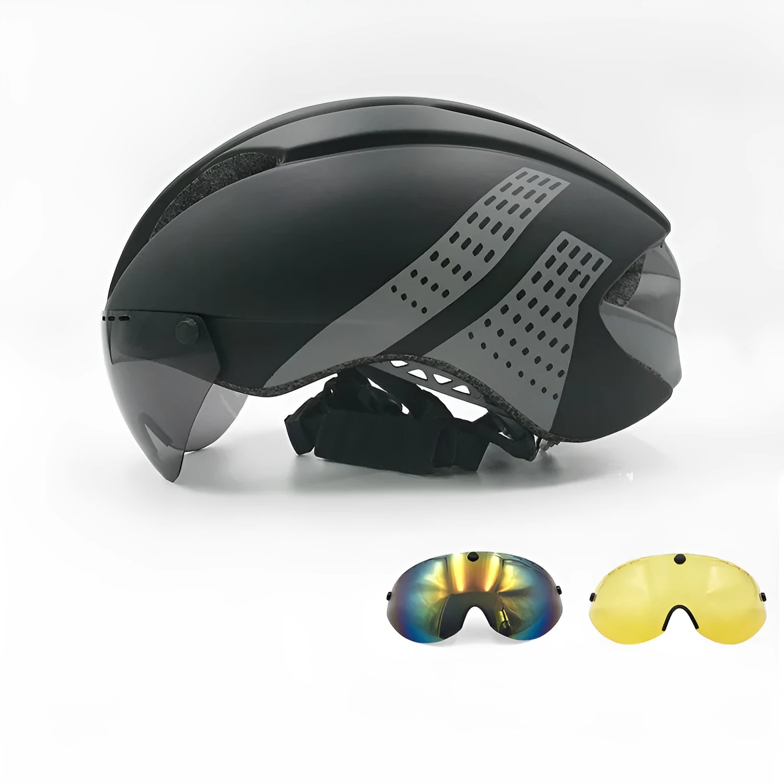 Magnetic goggles helmet for mountain or road bike, PC shell, 11 vents, silver-gray and yellow lenses, size L