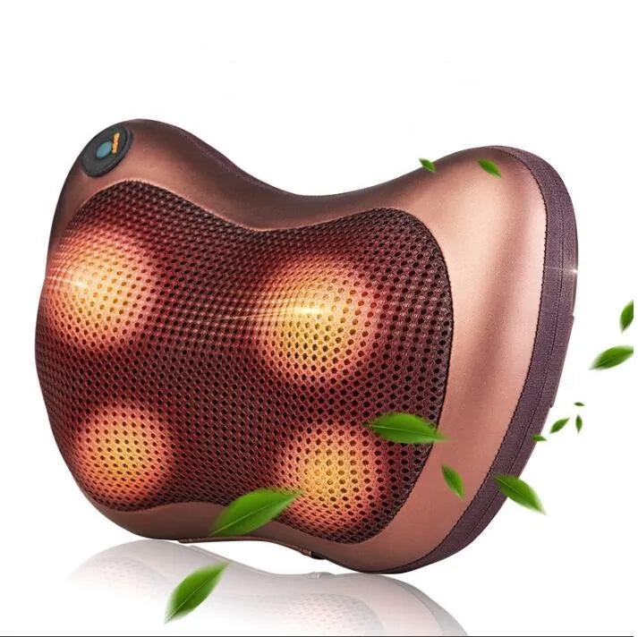 Electric infrared kneading massage pillow in black PU leather with control buttons and adjustable fixing strap for car seat use