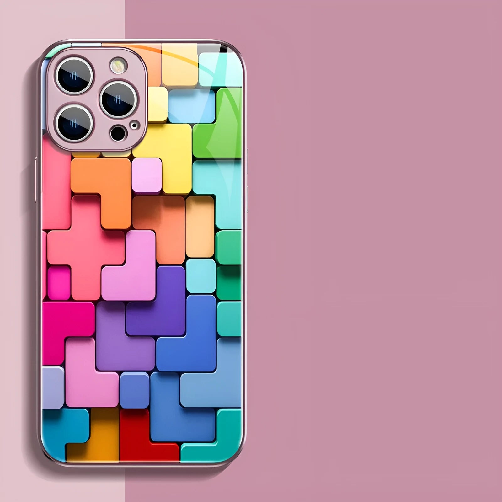 Cartoon geometric silicone phone case for iPhone models showing black, silver and pink glass colour options