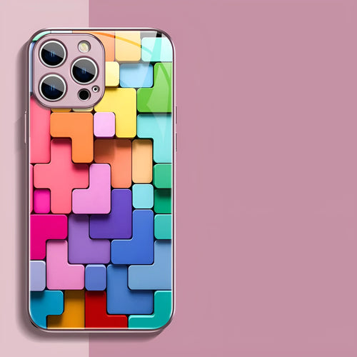Cartoon geometric silicone phone case for iPhone models showing black, silver and pink glass colour options