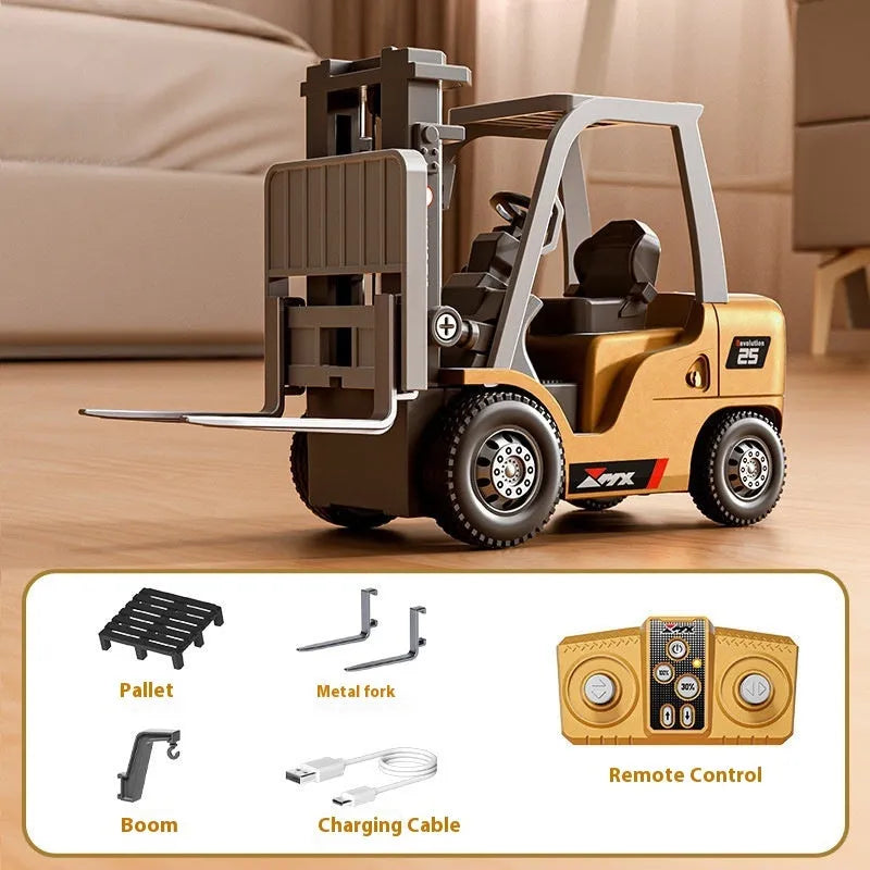 1:64 scale grey alloy remote control forklift toy with cargo hook and pallet accessories on a table