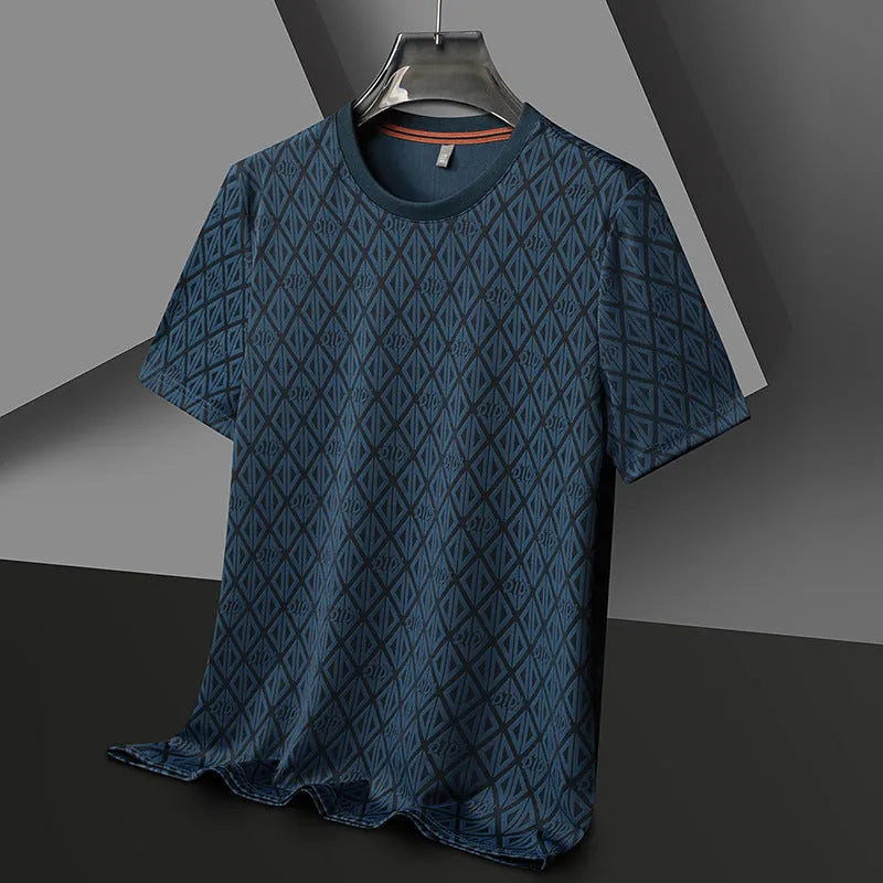 Men's black ice silk jacquard T-shirt with round neck and half sleeves on hanger
