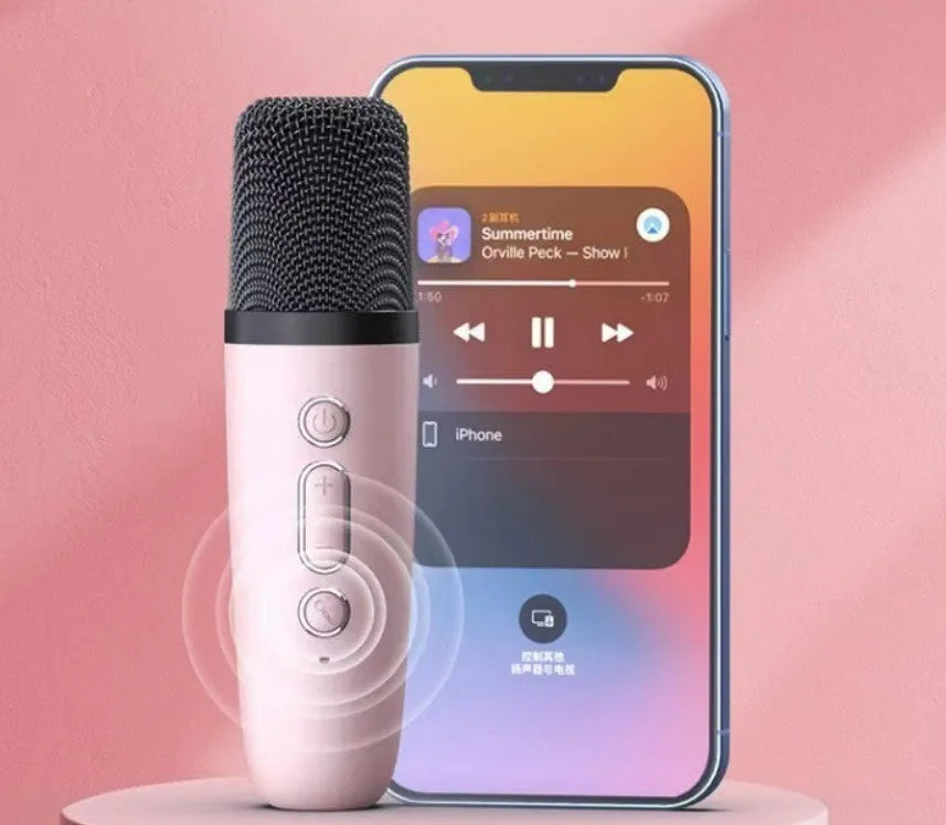 White, pink, or sky blue portable Bluetooth speaker with built-in karaoke microphone and coloured LED lights.