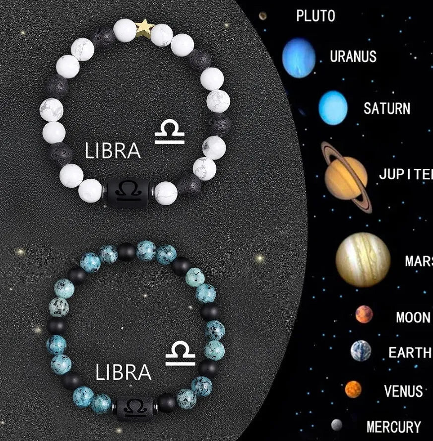 Natural stone beaded zodiac bracelets showing twelve different birth sign designs on elastic cords