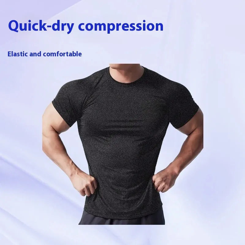Men's quick-dry stretch running t-shirt in black, gray, green or pink with round neck and short sleeves