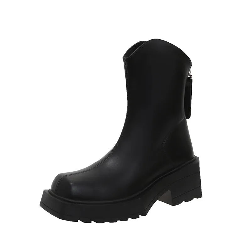 Black platform Martin boots for women with a square toe, mid calf length, and a high heel.