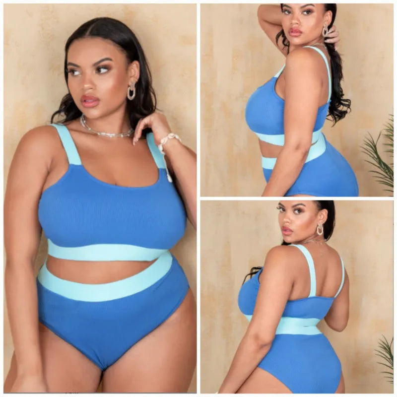 Women's high-waist bikini set in pure colour with split-side design and detailed stitching