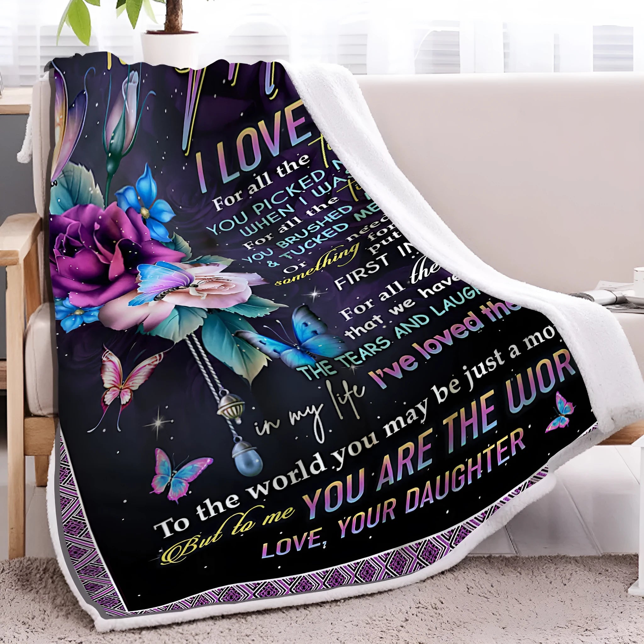 Black lamb wool blanket with butterfly theme on sofa, 150x200cm, Sherpa fleece