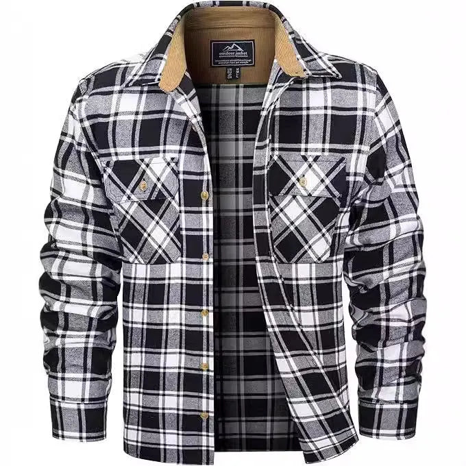 Man wearing a long-sleeved plaid flannel shirt in a cardigan style with a button-up front.