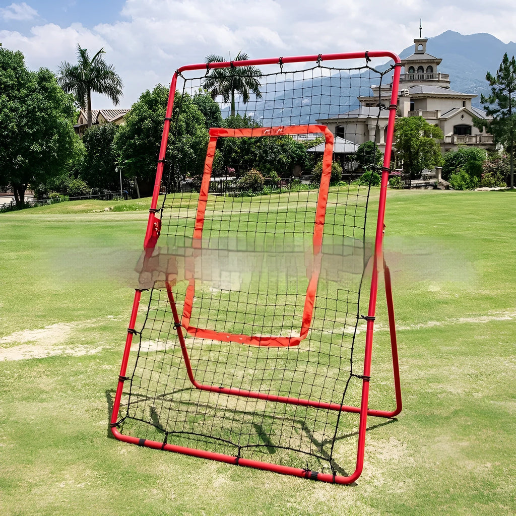 Red portable baseball training net with adjustable metal frame, shown folded for transport.