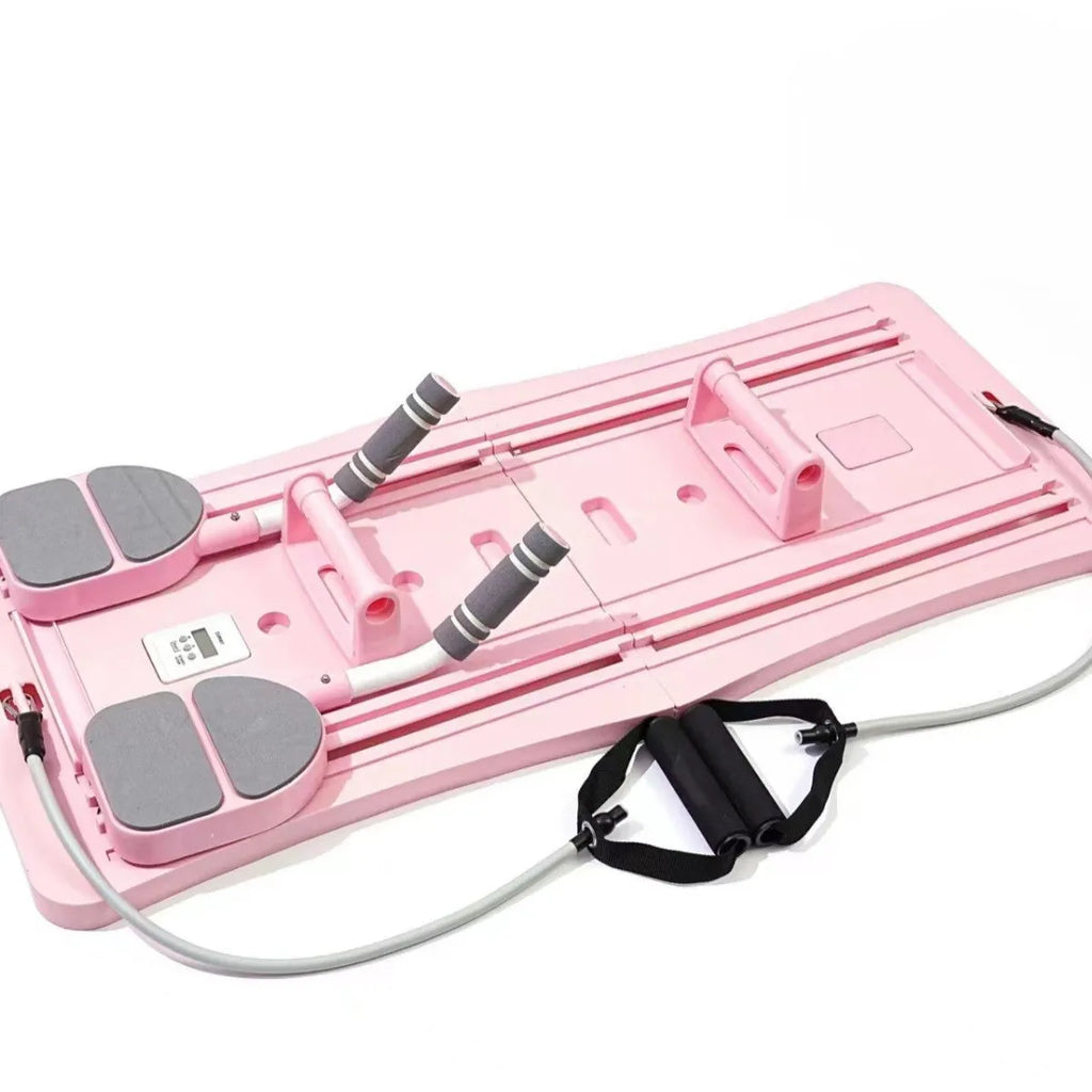 Purple foldable PP plastic belly panel fitness board laid flat on a floor.