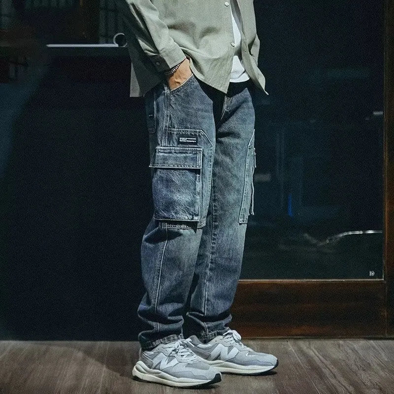 Men's blue loose straight leg retro stretch jeans with zip fly on mannequin