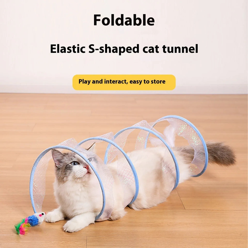 S-type collapsible cat tunnel toy with feather attachments on a steel wire and elastic net frame.