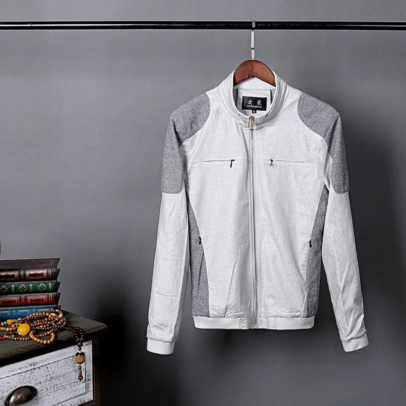 Men's thin cotton linen jacket in blue, grass green, or heather gray on a hanger.