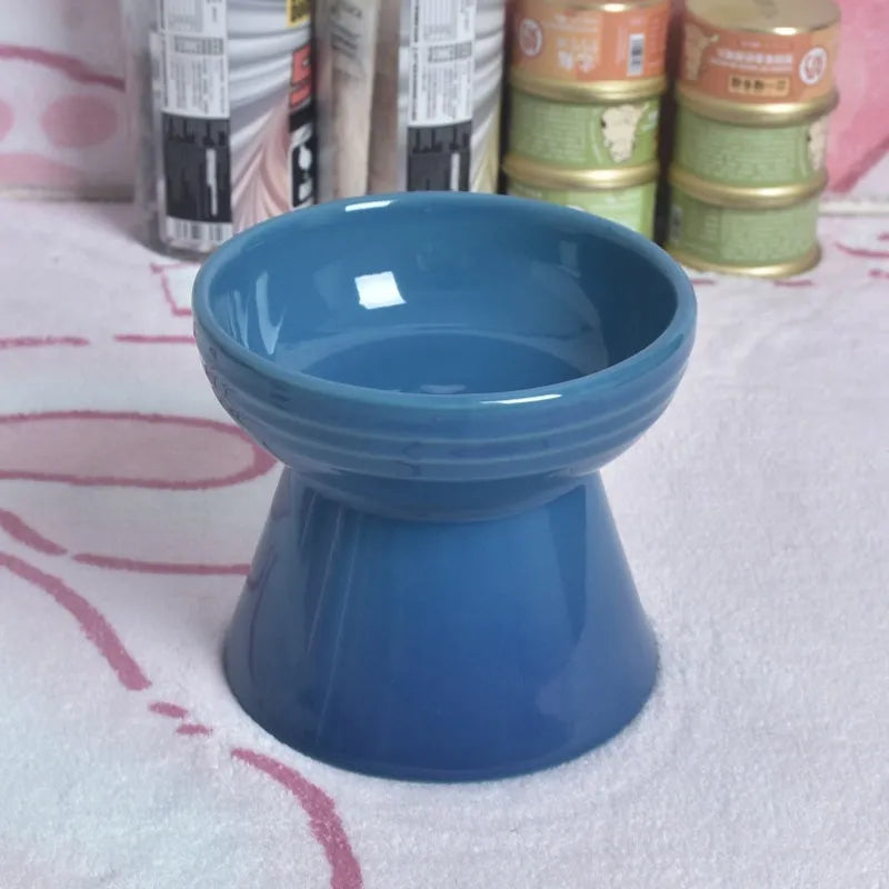 Black ceramic pet bowl with high foot and neck protector for dogs and cats