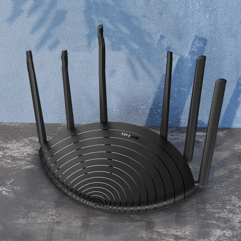 AC1900 wireless gigabit router with status display showing 254mm length on desk
