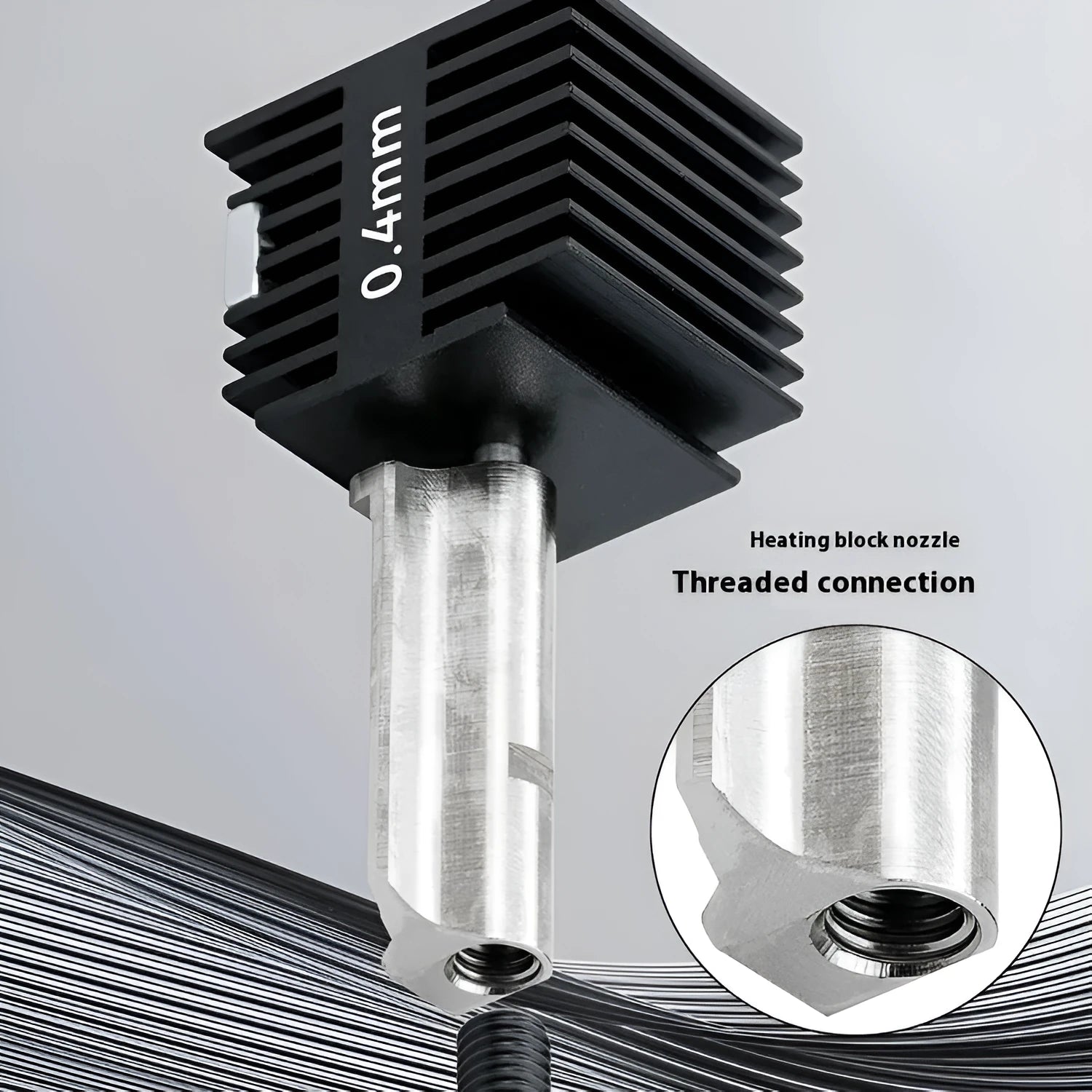 Bambu Lab A1 Mini 3D printer hot end assembly with black silicone sleeve and hardened steel nozzle.