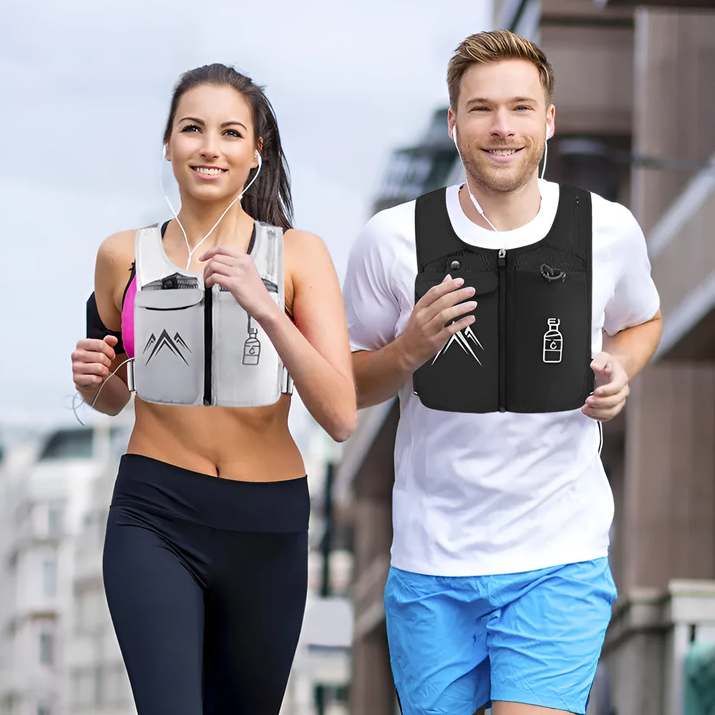 Breathable mesh sports running vest with a front mobile phone pocket, shown in classic black colour.