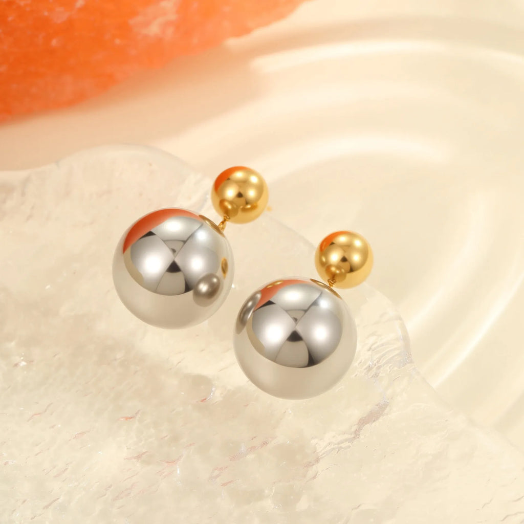 Stainless steel ear studs with 18K gold electroplating and round bead geometry design