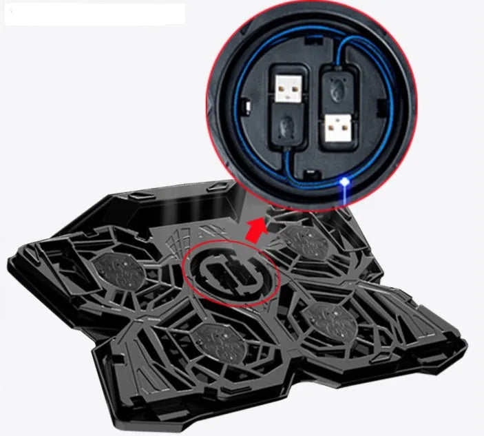 Blue laptop cooling base with four LED fans and two USB ports for computer heat dissipation