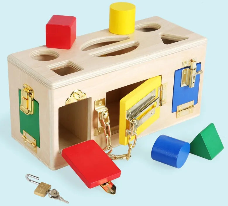 Wooden educational toy shape sorting lock box puzzle with geometric pieces for preschool children.